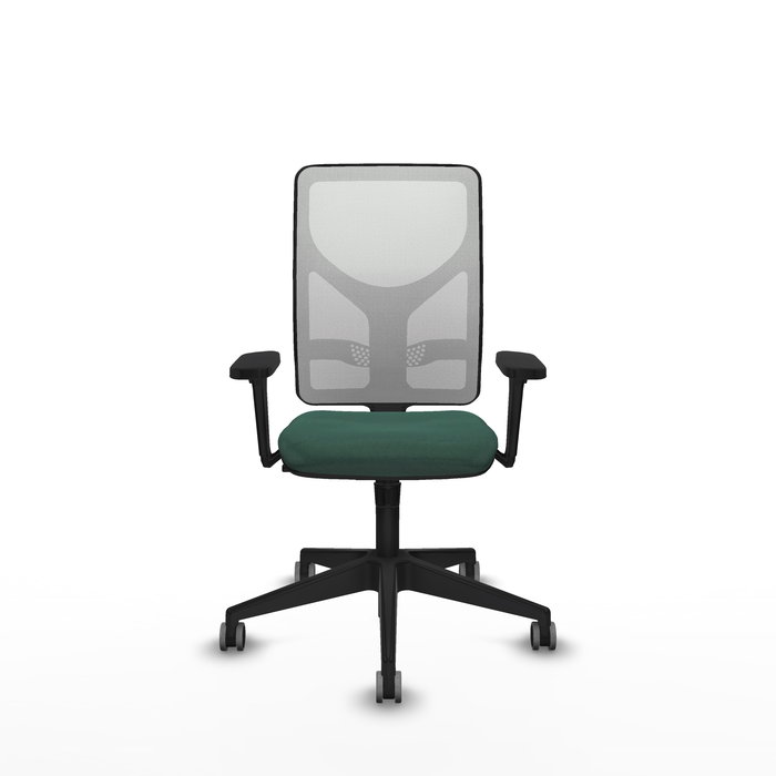 Silla de oficina Motilla con mecanismo Sincro tapizada con Tela color Verde botella y malla color Blanco. Equipada con lumbar 1D, Brazos 3D y Ruedas 65 mm parqué