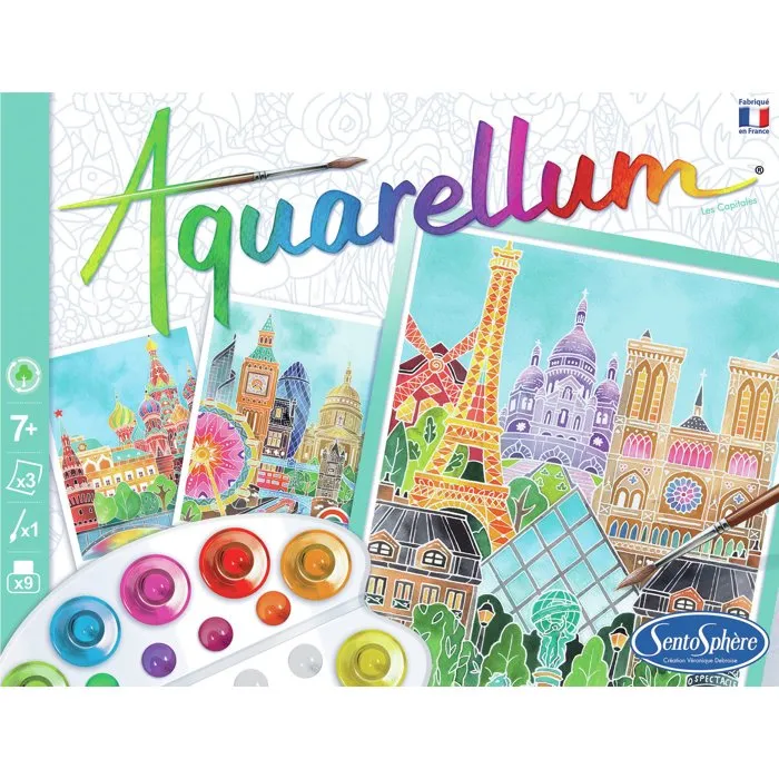 Sentosphere AUC3373910063975 Juego de Acuarelas Capitales, 9 Colores y 3 Pinturas para Delineado sobre Papel Vitela, para Mayores de 7 Años