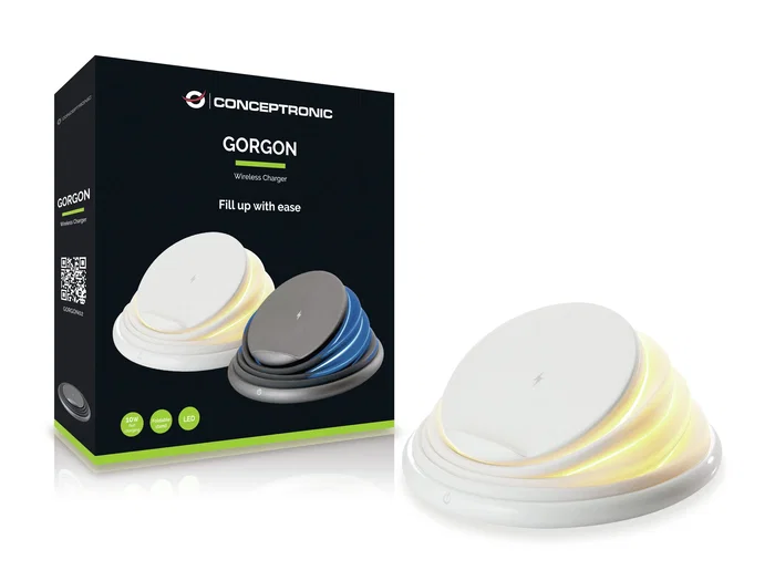 Conceptronic GORGON02W Cargador Inalámbrico Qi con Soporte Plegable - 10W Carga Rápida, PowerIQ, Color Blanco, Indicador LED, Compatibilidad Universal