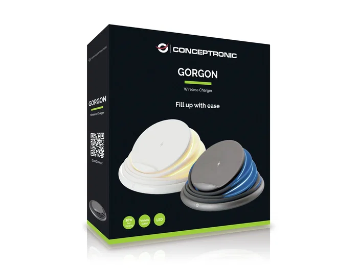Conceptronic GORGON02W Cargador Inalámbrico Qi con Soporte Plegable - 10W Carga Rápida, PowerIQ, Color Blanco, Indicador LED, Compatibilidad Universal