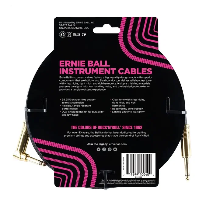 Ernie Ball Cable de Instrumento Trenzado Jack-Jack 4,57 M Negro