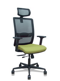 Silla de oficina Haches con mecanismo Sincro/Traslack tapizada con Tela color Verde oliva y malla color Negro. Equipada con lumbar 1D, Brazos 2D, Cabecero 2D y Ruedas 65mm nailon