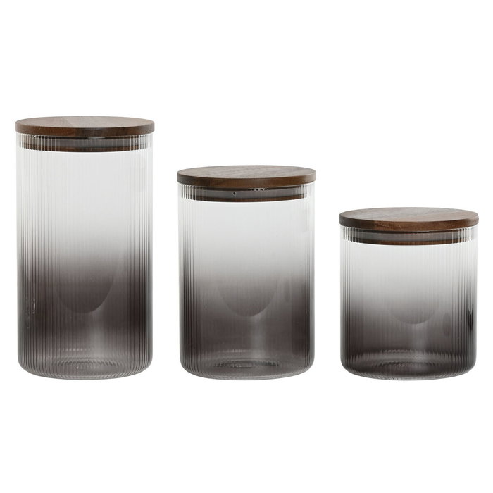 DKD Home Decor Set de 3 Botes de Borosilicato y Acacia (1,5L, 1,2L, 900ml)