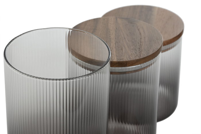 DKD Home Decor Bote Basicos Gris Natural 11 x 20 x 11 cm Set de 3 Piezas Borosilicato Acacia 1.5l