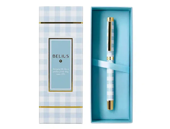 Belius Roller Pen Picnic Collection, Aluminio Azul Celeste Dorado, Tinta Negra 0.7 mm, Caja de Diseño