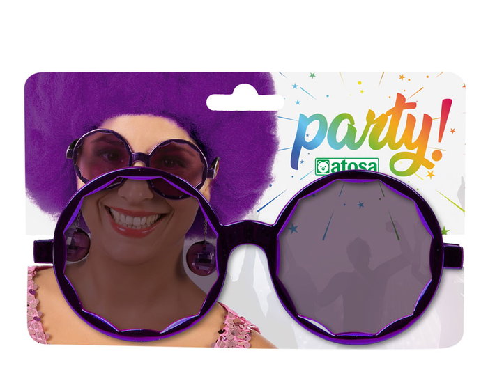 Carnaval Gafas Redondas Moradas con Bolas Colgantes para Fiesta y Disfraz de Mujer Adulto, Accesorio Años 70