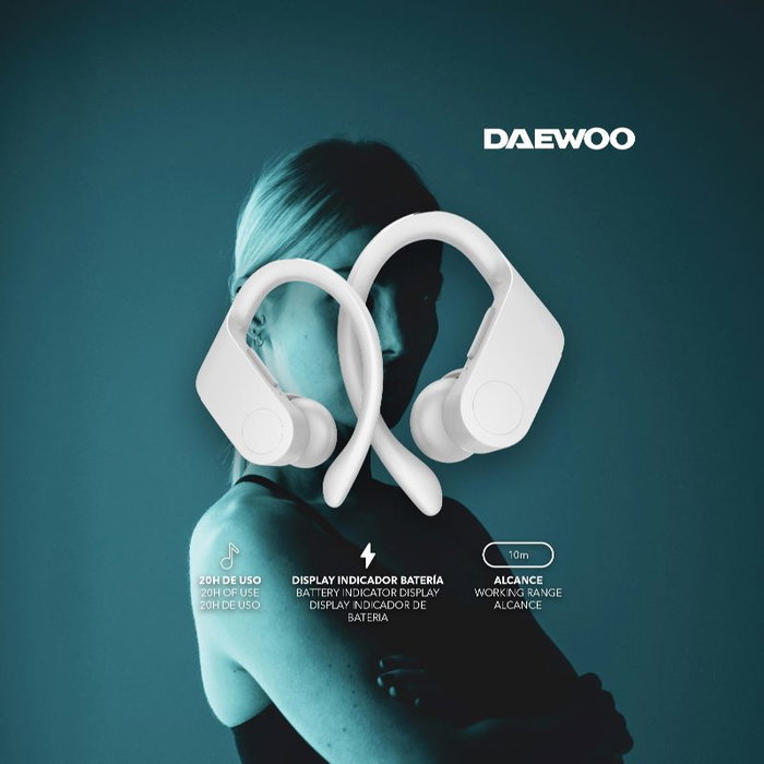Daewoo Auricular TWS Sport con Gancho, Bluetooth 5.0, Indicador LED de Batería, 30mAh/300mAh, Carga Tipo C, Blanco