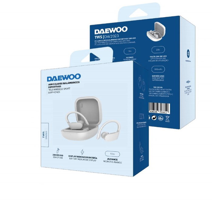 DAEWOO TWS SPORT Auriculares Inalambricos Bluetooth 5.0 con LED y Gancho, Bateria 30mAh/300mAh, Carga Tipo C, Color Blanco