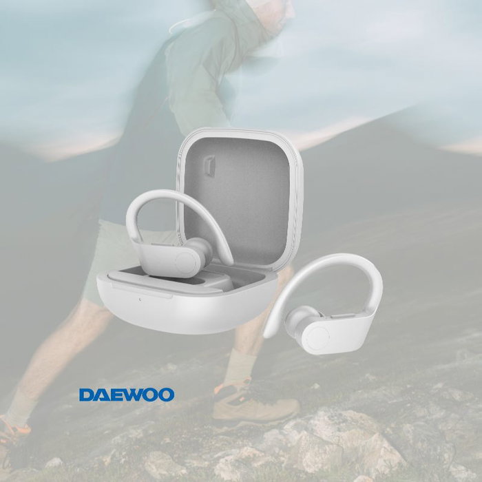 Daewoo Auricular TWS Sport con Gancho, Bluetooth 5.0, Indicador LED de Batería, 30mAh/300mAh, Carga Tipo C, Blanco