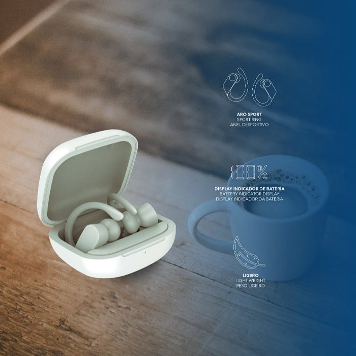 Daewoo Auricular TWS Sport con Gancho, Bluetooth 5.0, Indicador LED de Batería, 30mAh/300mAh, Carga Tipo C, Blanco