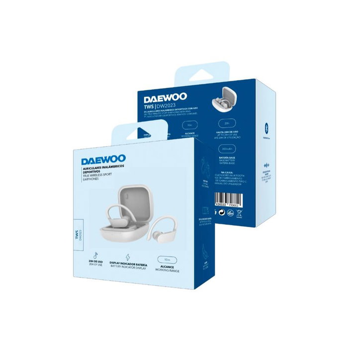 Daewoo Auricular TWS Sport con Gancho, Bluetooth 5.0, Indicador LED de Batería, 30mAh/300mAh, Carga Tipo C, Blanco