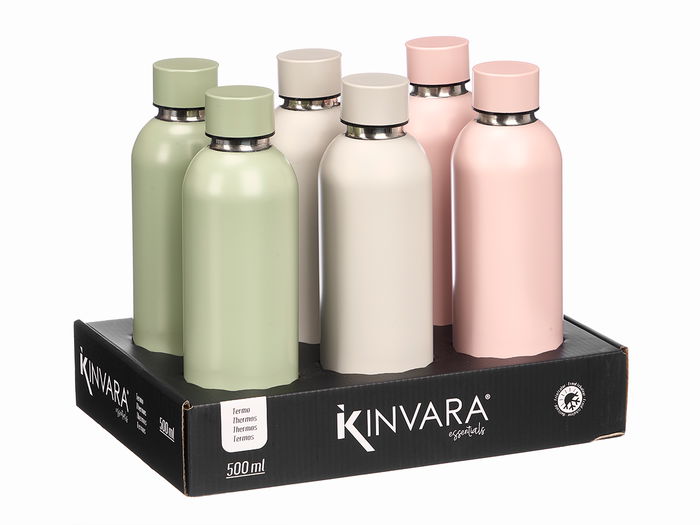 Kinvara Termo Base Acero Inoxidable 500 ml, Surtido 3 Colores Claros (Gris, Verde, Rosa) - 7.3x24.5x7.3 cm (Set de 12)