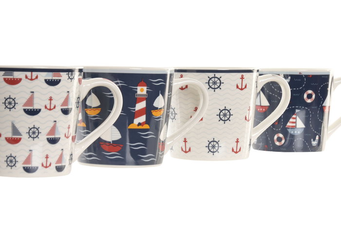 DKD Home Decor Juego de tazas Veleros de Porcelana y New Bone, 400ml, Surtido de 4 unidades