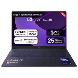 LG Gram Pro 16Z90TS-G.AU99B Portátil Copilot+ PC 40,6 cm (16") Intel Core Ultra 9 2.5K 32GB RAM 1TB SSD Wi-Fi 7 Windows 11 Home Gris