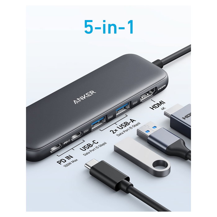Anker 332 Hub USB-C 5 en 1 con Puerto HDMI 4K a 30Hz, 2 USB-A 3.0, USB-C y Puerto USB-C PD de 100W para Carga Rápida - Negro
