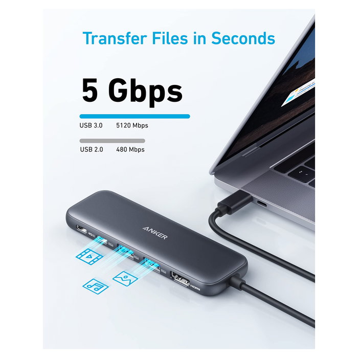 Anker 332 Hub USB-C 5 en 1 con Puerto HDMI 4K a 30Hz, 2 USB-A 3.0, USB-C y Puerto USB-C PD de 100W para Carga Rápida - Negro