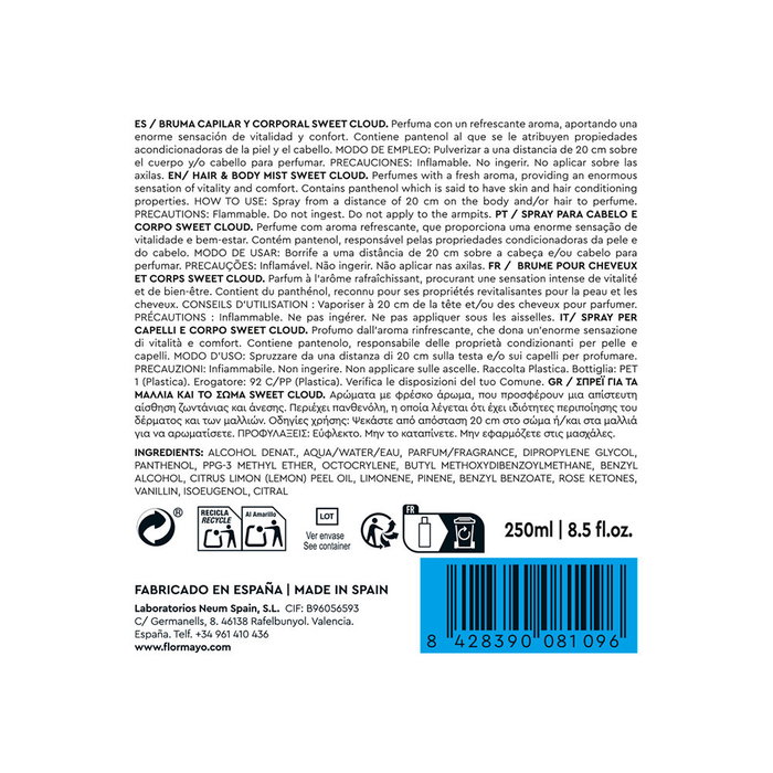 Flor De Mayo Bruma Hair & Body Mist Sweet Cloud 250 ml Aroma Algodón de Azúcar y Nata