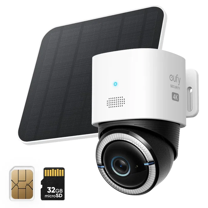 Eufy T86P2321 Cámara de Seguridad Exterior 4K Bala con Panel Solar, 4G LTE y WiFi, Visión Nocturna en Color, 360°, Batería 9400mAh, Audio Bidireccional, Blanco