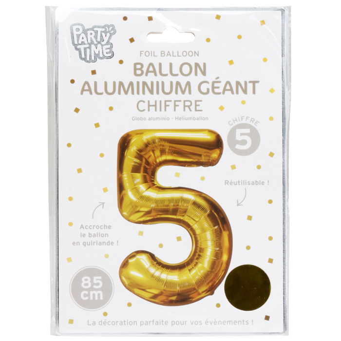 Party Time Globo Cifra Dorado, Altura 85 cm, Decoración Cumpleaños y Fiestas, Reutilizable