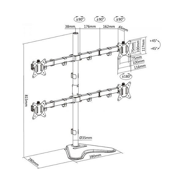 EQUIP Soporte de Mesa Articulado para 4 Monitores 17"-32", 9kg por Pantalla, 360 Grados, Rotación e Inclinación, Ajuste de Altura, VESA 100x100, Negro - Retail