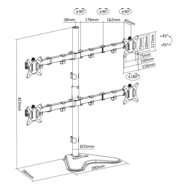 Equip 650127 Soporte de Mesa para 4 Monitores 17''-32'', Base y Brazos Articulados, 360° Rotación, VESA 100x100, 9kg por Pantalla, Negro