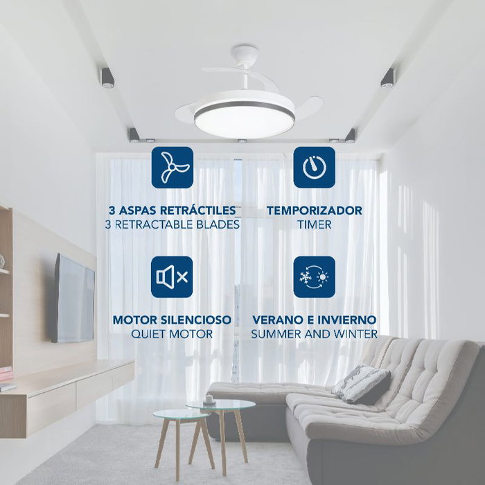 DAEWOO Ventilador de Techo con Aspas Retráctiles, Motor 30W, LED 36W, 3 Temperaturas y Control por App, 42 Pulgadas