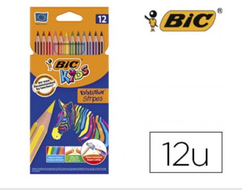 BIC Evolution Stripes Lápices de Colores Kids, Estuche de 12 unidades Surtidas