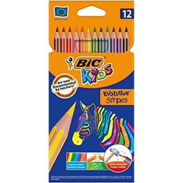 BIC Evolution Stripes Lápices de Colores Kids, Estuche de 12 unidades Surtidas
