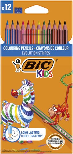 BIC Evolution Stripes Lápices de Colores Kids, Estuche de 12 unidades Surtidas