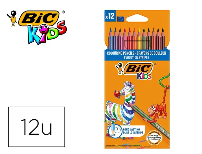 BIC Evolution Stripes Lápices de Colores Kids, Estuche de 12 unidades Surtidas