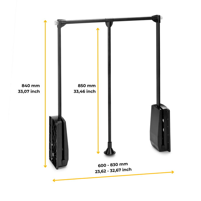 Emuca Colgador abatible para armario Hang, ancho regulable 600-830mm, Acero y Plástico, Pintado negro