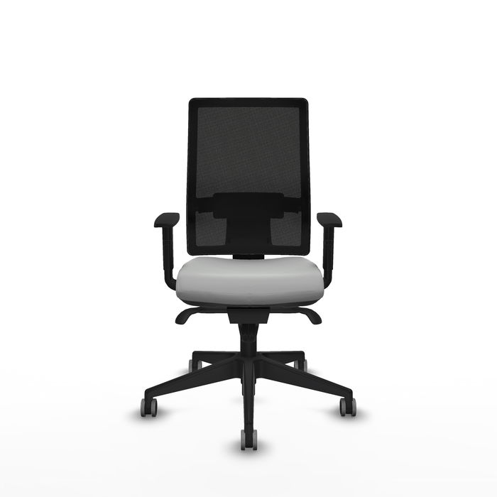 Silla de oficina Horna con mecanismo Sincro tapizada con Similpiel color Gris claro y malla color Negro. Equipada con lumbar 1D, Brazos 1D y Ruedas 65 mm parqué Silla de oficina Horna con mecanismo Sincro tapizada con Similpiel color Gris claro y malla color Negro. Equipada con lumbar 1D, Brazos 1D y Ruedas 65 mm parqué