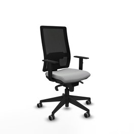 Silla de oficina Horna con mecanismo Sincro tapizada con Similpiel color Gris claro y malla color Negro. Equipada con lumbar 1D, Brazos 1D y Ruedas 65 mm parqué