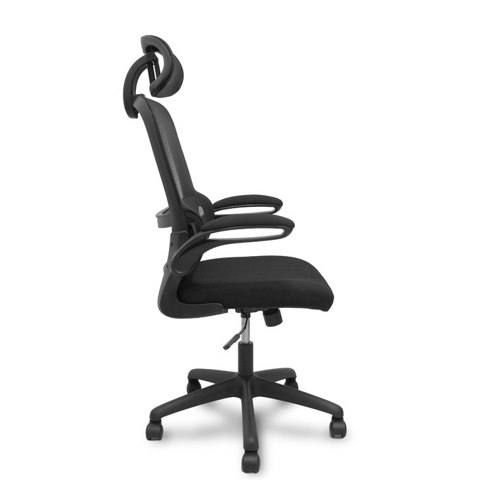 Silla de oficina Pro525 con mecanismo Basculante tapizada con Tela color Negro. Equipada con lumbar Fijo, Brazos abatibles, Cabecero 2D y Ruedas de nailon 50 mm