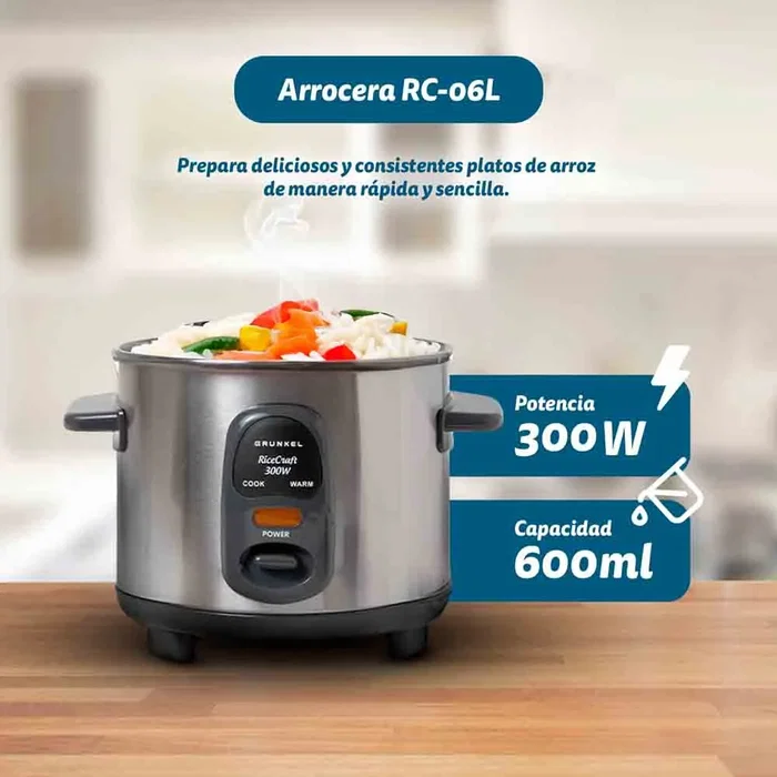 Grunkel RC-06L Arrocera Eléctrica 0.6L / 300W con Función Mantener Caliente, Tapa de Cristal y Recubrimiento Antiadherente - Acero Inoxidable