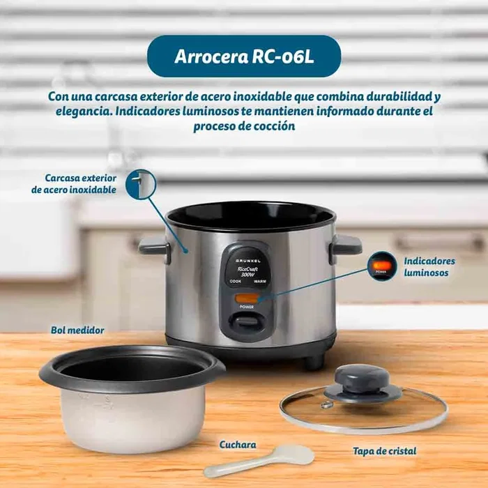 Grunkel RC-06L Arrocera Eléctrica 0.6L / 300W con Función Mantener Caliente, Tapa de Cristal y Recubrimiento Antiadherente - Acero Inoxidable