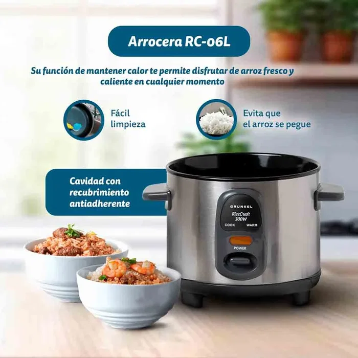 Grunkel RC-06L Arrocera Eléctrica 0.6L / 300W con Función Mantener Caliente, Tapa de Cristal y Recubrimiento Antiadherente - Acero Inoxidable