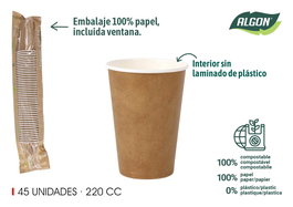 Algon Set 45 Vasos Cartón Kraft 220 cc 7 cm (ancho) x 9.5 cm (alto) x 7 cm (largo) (20 Unidades)