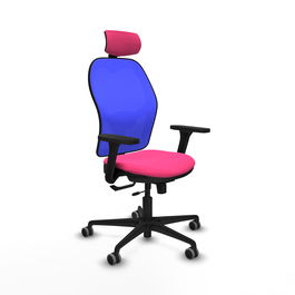 Silla de oficina Jorquera con mecanismo Sincro/Traslack tapizada con Similpiel color Rosa y malla color Azul. Equipada con lumbar 1D, Brazos 3D, Cabecero 2D y Ruedas 65 mm parqué