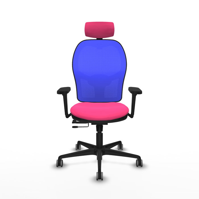 Silla de oficina Jorquera con mecanismo Sincro/Traslack tapizada con Similpiel color Rosa y malla color Azul. Equipada con lumbar 1D, Brazos 3D, Cabecero 2D y Ruedas 65 mm parqué