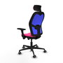 Silla de oficina Jorquera con mecanismo Sincro/Traslack tapizada con Similpiel color Rosa y malla color Azul. Equipada con lumbar 1D, Brazos 3D, Cabecero 2D y Ruedas 65 mm parqué