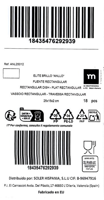 La Mediterranea Fuente Rectangular Anllo Elite Brillo 25x15cm