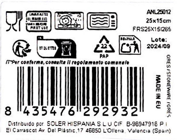 La Mediterranea Fuente Rectangular Anllo Elite Brillo 25x15cm
