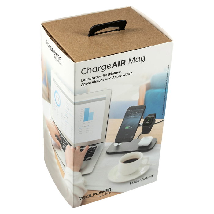 RealPower ChargeAir Mag Cargador Inalámbrico Magsafe Negro con USB-C - 15W para iPhone Apple Watch AirPods Pro y 2ª Gen