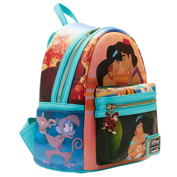 Loungefly Mochila Aladdin Disney 25cm Cuero Vegano Herrajes Dorados Ajustable Bolsillos Laterales Forro a Juego
