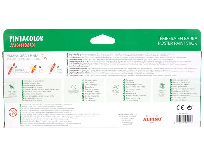Alpino Témperas en Barra Pintacolor 12 Colores Surtidos Tapas Giratorias