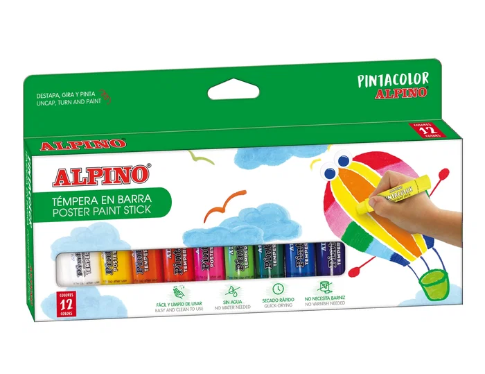 Alpino Témperas en Barra Pintacolor 12 Colores Surtidos Tapas Giratorias