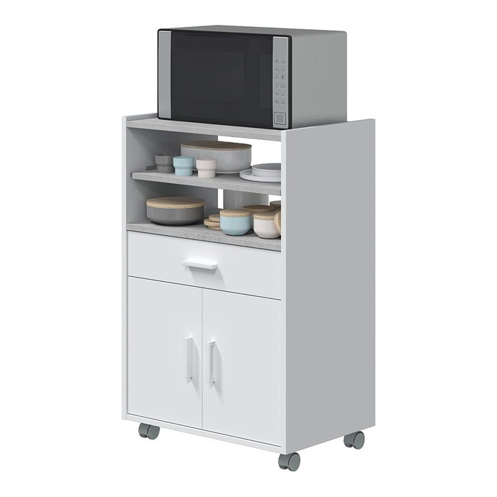 Forés/Arkit Mueble Auxiliar Cocina con Cajón y 2 Puertas, Bandeja Extraíble, 59 x 40 x 92 cm, Blanco Artik y Gris Cemento