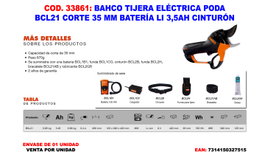 BAHCO Tijera de Poda BCL21 con Batería Li 3.5 Ah y Corte de 35 mm