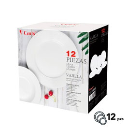 Cark Vajilla Clásica Blanca de Porcelana 12 Piezas, 4 Platos Ø26.5cm + 4 Hondos Ø21.5cm + 4 Postre Ø20cm, Apta Microondas y Lavavajillas